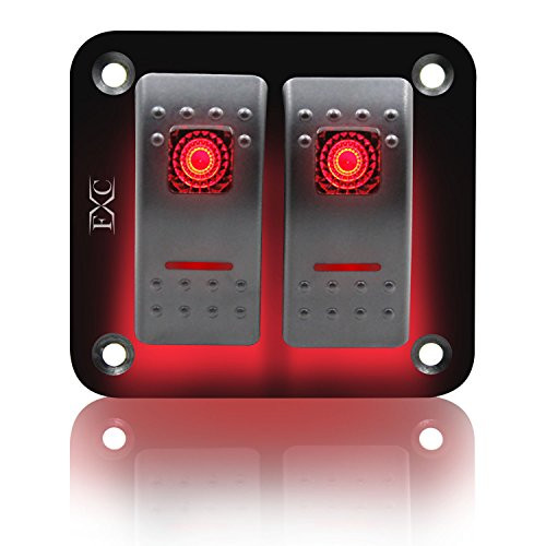 FXC Rocker Switch Aluminum Panel 2 Gang Toggle Switches Dash 5 Pin ON/OFF 2 LED Backlit for Boat Car Marine Red