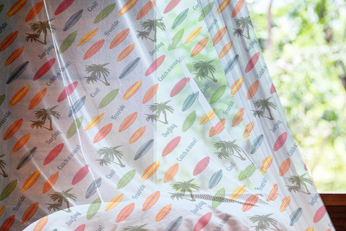 Ambesonne Surfboard Tulle Curtains with Rod Pocket, Exotic Hawaii Vacation Palm Trees and Colorful Boards Water Sports Fun Activities, Sheer Drape for Wedding Party 2 Panels, 108" x 84", Multicolor