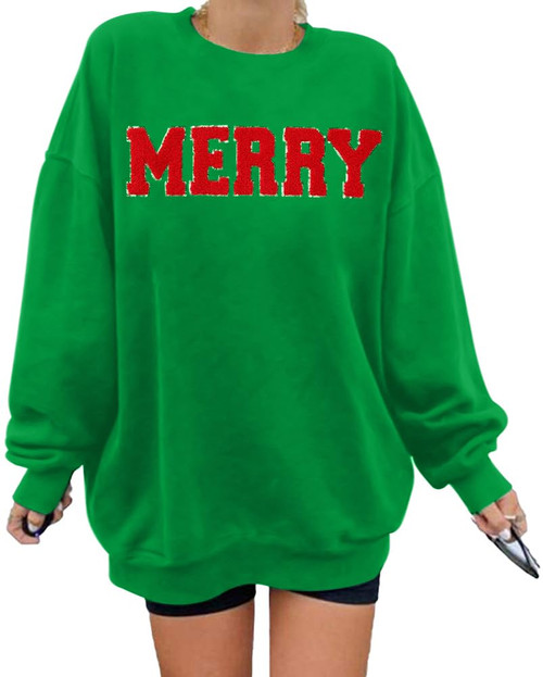 FASHGL Merry Sweatshirt Women Christmas Glitter Patch Merry Shirt Merry Letter Print Long Sleeve Overzise Pullover Tops Green