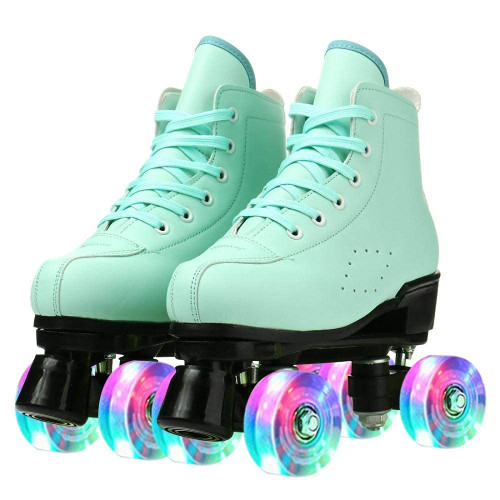 Risup Roller Skates for Women and Men Cowhide High-Top Shoes Classic Double-Row Roller Skates Four-Wheel Roller Skates for Men Girls Unisex (Green Flash,36=US:5.5)