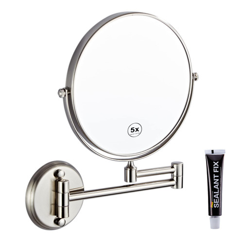 RECKODOR 8" Double Sided Magnifying Wall Makeup Mirror, Bathroom 5X Wall Mounted Shower Mirror, 360 Swivel Extendable Arm Cosmetic Mirror, Brass Material Brushed Nickel Finish RECKODOR 8" Double Sided Magnifying Wall Makeup Mirror, Bathroom 5X Wall Mounted Shower Mirror, 360 Swivel Extendable Arm Cosmetic Mirror, Brass Material Brushed Nickel Finish