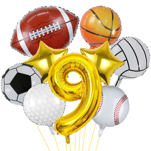 9 Pieces Sports Balloons, Football, Basketball, Baseball, Volleyball, Golf and Soccer Foil Balloon, Sports Birthday Number Mylar Foil Balloon, Sport Theme Birthday Party Supplies Decorations (9th) 9 Pieces Sports Balloons, Football, Basketball, Baseball, Volleyball, Golf and Soccer Foil Balloon, Sports Birthday Number Mylar Foil Balloon, Sport Theme Birthday Party Supplies Decorations (9th)