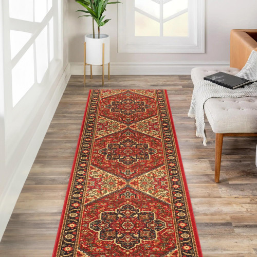 Custom Size Red Persian Medallion Rubber Backed Non-Slip Hallway Stair Runner Rug Carpet 31 inch Wide Choose Your Length 31in X 7ft