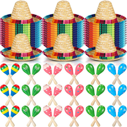 Mini Fiesta Maracas Mexican Sombrero Hats Mexican Themed Decorations Carnival Supplies for Adults Kids Dolls Pets(24 Set)