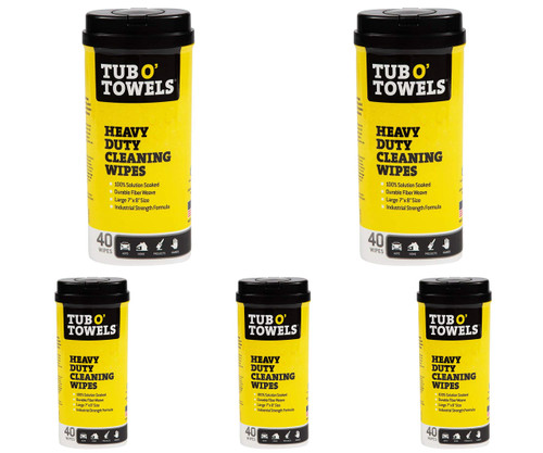 Tub O Towels Heavy-Duty 7" x 8" Size Multi-Surface Cleaning Wipes, 40 Count Per Canister 5 Pack