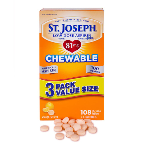 St. Joseph Aspirin Pain Reliever (NSAID) 81mg Chewable Orange Tablets Adult Low Dose Regimen 108 ct (3 x 36 ct Tablets per Bottle)