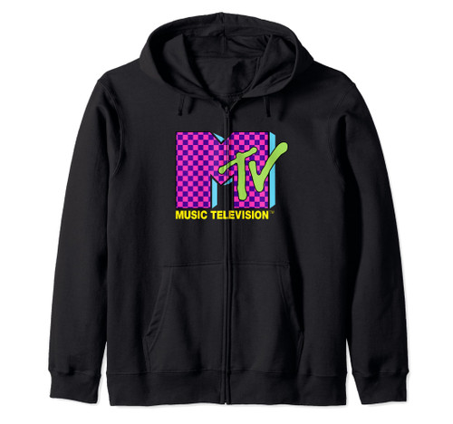 MTV Music Television Retro 80's Neon Pink Checkerboard Logo Zip Hoodie