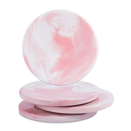 Ceramic Coasters for Drinks, Marble Stone Coasters Set of 4, D&PY Round Coaster 3.75 Inches in Diameter Protection from Drink Rings, Perfect Housewarming Gifts (Pink Marble, Round)