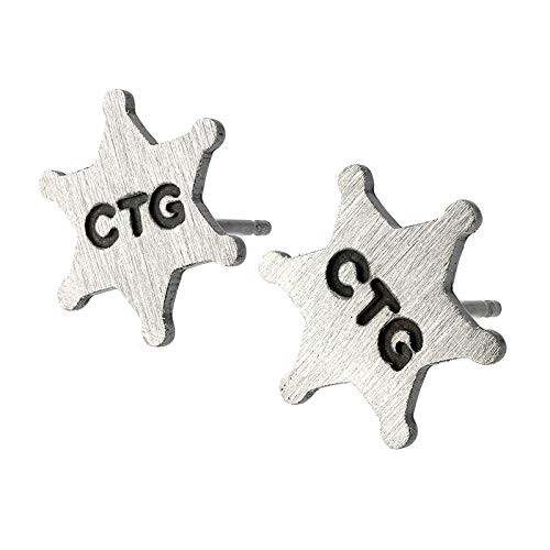 Sheriff Star Badge Stud Earrings Custom Number Engraved Brushed Sterling Silver Handmade in USA