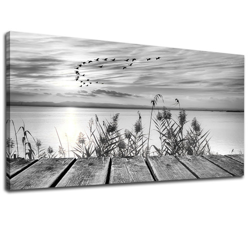 Black and White Canvas Wall Art Sunset Lake with Flying Birds Pictures for Wall Decor Nature Landscape Canvas Painting Artwork for Living Room Bedroom Office Home Wall Decoration 20" x 40"