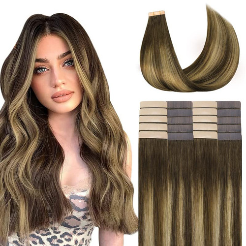 GOO GOO Tape in Hair Extensions Chocolate Brown to Caramel Blonde Real Human Hair Extensions Seamless Straight Human Hair Extensions 50g 20pcs 16inch