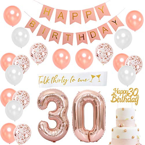 30th Birthday Decorations for Women - 30th Happy Birthday Decoration Gold Rose with Talk Thirty To Me Sash, Number 30 Foil Balloon, Pink Happy Birthday Bunting, Happy 30th birthday Cake Topper 30th Birthday Decorations for Women - 30th Happy Birthday Decoration Gold Rose with Talk Thirty To Me Sash, Number 30 Foil Balloon, Pink Happy Birthday Bunting, Happy 30th birthday Cake Topper
