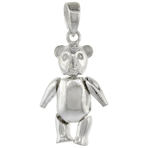 Sterling Silver Medium High Polished Movable Teddy Bear Pendant, 13/16 inch Long