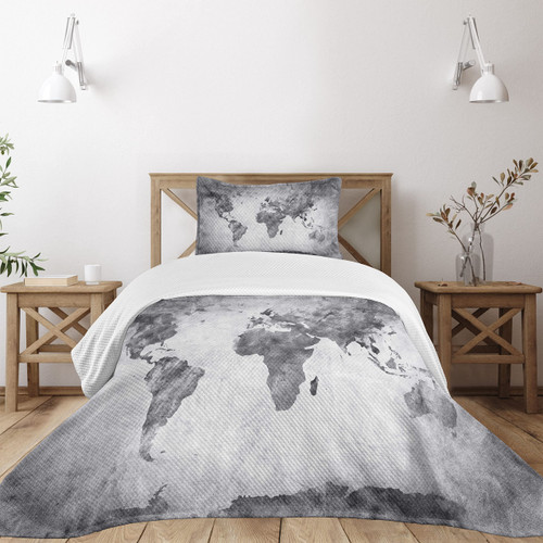 Lunarable Modern Bedspread, Vintage World Map with Dark Nostalgic Tones Featured Displays Background Image, Decorative Quilted 2 Piece Coverlet Set with Pillow Sham, Twin Size, Grey