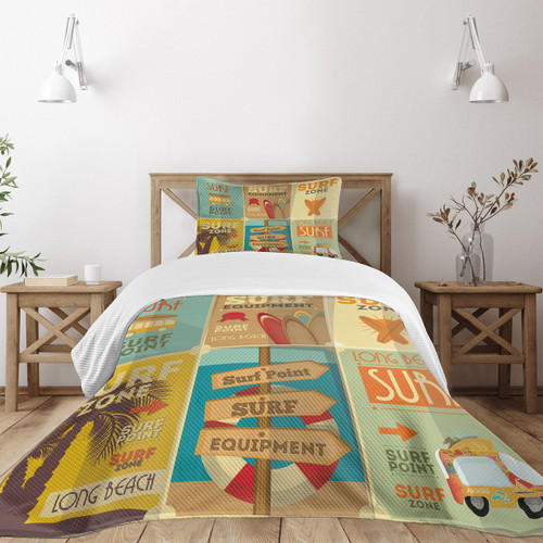 Lunarable Surf Bedspread, Retro Posters Group Summer Vacation Theme Hobby Water Sports California Beach, Decorative Quilted 2 Piece Coverlet Set with Pillow Sham, Twin Size, Pale Brown Lunarable Surf Bedspread, Retro Posters Group Summer Vacation Theme Hobby Water Sports California Beach, Decorative Quilted 2 Piece Coverlet Set with Pillow Sham, Twin Size, Pale Brown