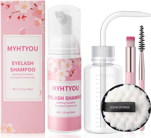 Lash Shampoo for Lash Extensions, Eyelash Extension Cleanser with Reusable Rinse Bottle and Makeup Remover Pad, One Cleansing Brush and Mascara Brush, Lash Cleaner for Home Care and Salon Use, 60ml