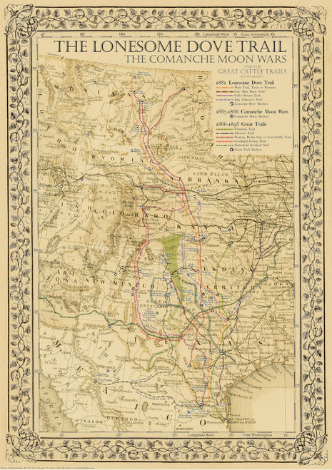 1881 Lonesome Dove/Comanche Moon Wars & Great Cattle Trails Map 2nd Ed. 26"W x 34" H