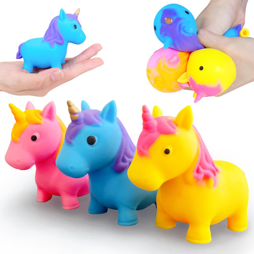 3 Pack Unicorn Squishy Stress Balls for Kids and Adults, Animals Squeeze Ball, Squishy Toys for Kids Party Favors - Stress Relief Dough Ball Squeeze Toys | Unicorn Toys in Blue, Pink, Yellow