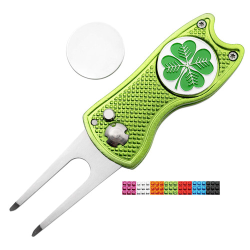 CoverMay Foldable Golf Divot Repair Tool and Golf Ball Markers Set (Green Divot Tool-Clover Marker)