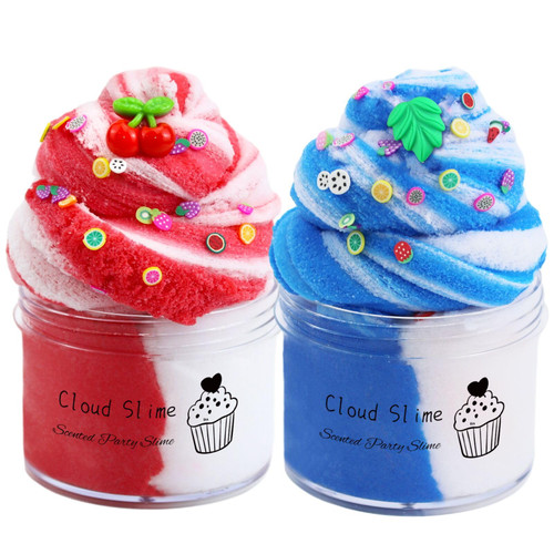 2 Pack Cloud Slime Kit with Cherry and Mint Charms, Scented DIY Slime Supplies for Girls and Boys, Stress Relief Toy for Kids Education, Party Favor, Gift and Birthday