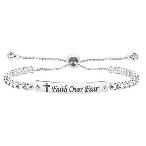 Uloveido Adjustable Faith Over Fear Tennis Bracelets for Women Teen Girls Cubic Zirconia Stone Bracelet White Gold Plated Hypoallergenic Slider Bracelet Jewelry Gift Y4390