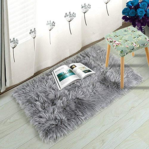 Roniky Soft Faux Sheepskin Plain Chair Cover Seat Pad Shaggy Area Rugs for Floor Bedroom Sofa Ivory White 2ft x 3ft (Grey, 2 x 3 ft Rectangle)