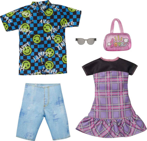 Barbie Ken Fashions 2-Pack Clothing Set, 1 Outfit & Accessory for Barbie Doll: Plaid Dress & Purse, 1 Outfit & Accessory for Ken Doll: Smiley Face Dress Shirt & Denim Shorts Barbie Ken Fashions 2-Pack Clothing Set, 1 Outfit & Accessory for Barbie Doll: Plaid Dress & Purse, 1 Outfit & Accessory for Ken Doll: Smiley Face Dress Shirt & Denim Shorts
