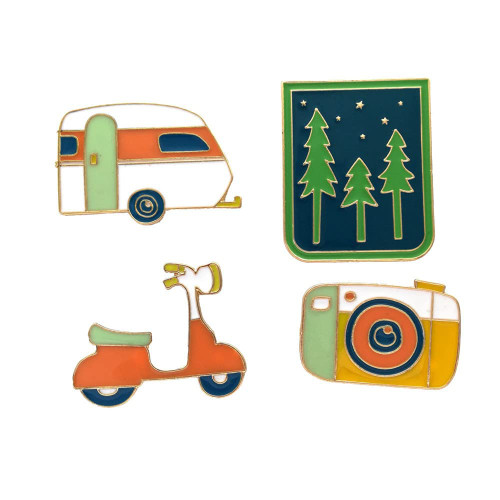 4pcs Cartoon Camera Motorcycle Bus Forest Enamel Pins Cute Outdoor Travel Brooches Lapel Pins Dress Suit Scarft Accessories Badge Jewelry Gifts
