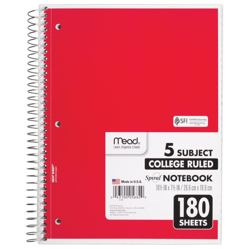 Mead Spiral Notebook, 5 Subject, College Ruled Paper, 180 Sheets, 10-1/2" x 8", Red (05682AB5)