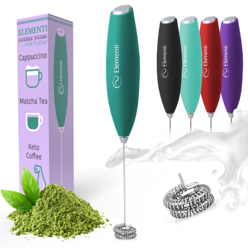 Elementi Milk Frother Handheld Double Whisk - Matcha Whisk & Drink Mixer Handheld - Matcha Frother Wand & Matcha Mixer - Protein Mixer & Electric Whisk For Coffee (Emerald Green)