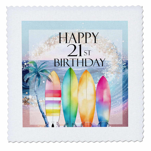 3dRose Happy 21st Birthday with an Ocean Scene and Surfboards - Quilt Squares (qs-382057-2)