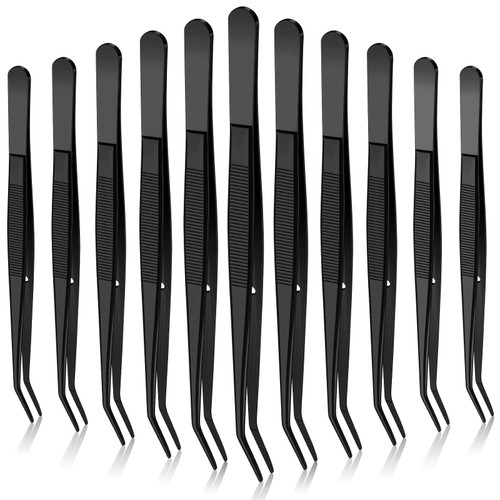 Stainless Steel Tweezers with Curved Serrated Tip Multipurpose Tweezers Sewing Machine Tweezers Forceps Tweezers for Craft (Black,10 Pieces)