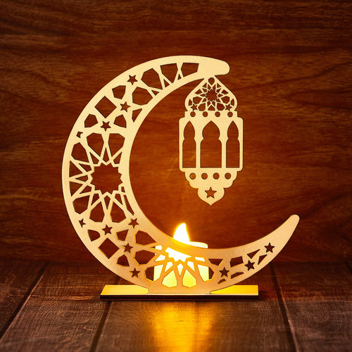 Honoson Eid Crafts Night Light Ramadan Mubarak Light 3D Wooden Moon Shape LED Light Decoration, Ramadan Mubarak Lamp Eid Ornaments for Muslims, Ramadan, Islamic Table Decor, 5.8 x 5.5 Inch (Lantern)