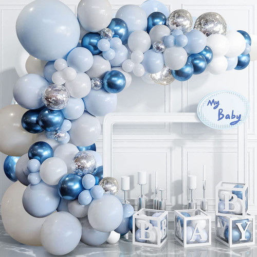 Blue Balloon Garland Arch Kit, Metallic Blue White and Silver Confetti Latex Balloons for Baby Shower Birthday Wedding Graduation Anniversary Frozen Winter Wonderland Party Background Decorations