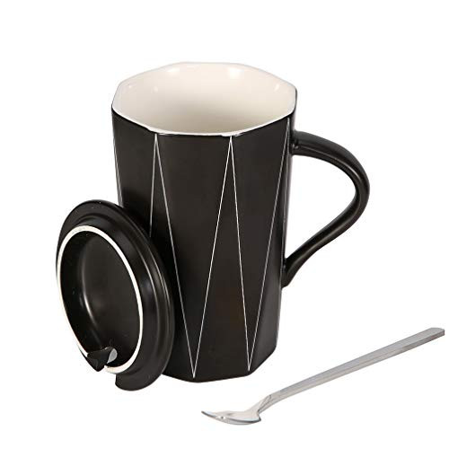 ALODZ Ceramic Mug with Lid and Spoon, Novelty Diagonal Line Tea Cup/Coffee Mug with Gift Box for Coffee Tea Milk Water Wine Vodka, 14 OZ, Black