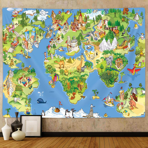 Cute Animal World Map Tapestry Wall Art for Kids Room, Typical Animals on Continent Map of The World Prints for Children Education Tapestries, Tapestry Wall Hanging for School Home Bedroom Posters