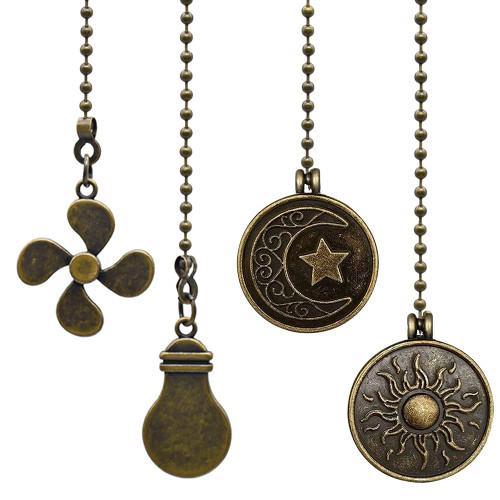 Ceiling Fan Pulls, fan Pull Chain Set with Connector,Fan Chain Extender Ornaments Fan and Light Bulb Shaped Moon and Sun Pull Chain Set 4 Pack 3mm Diameter 12 Inches Beaded Ball Fan Pull Chain, Bronze