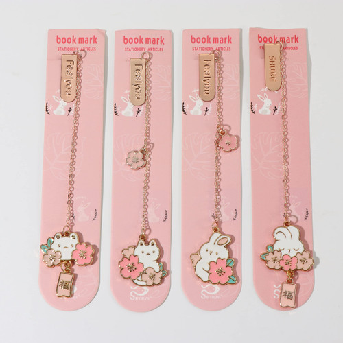 Metal Bookmark,Romantic Sakura Marker of Page Book Clips Rabbit Pendant Bookmark for Students Teachers School Reading Supplies (A+B+C+D)