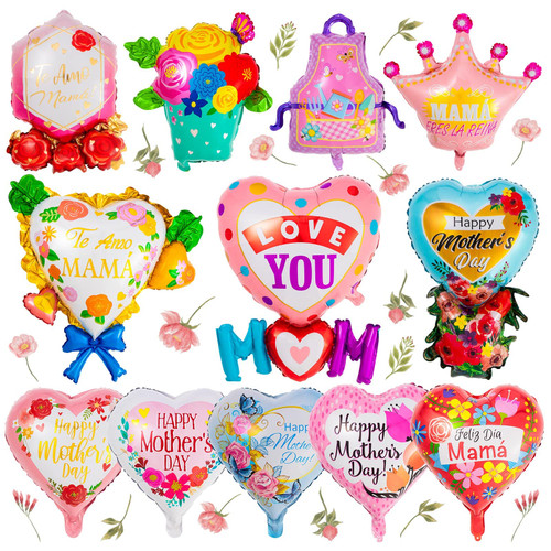 12 Pcs Mothers Day Balloons, Happy Feliz Dia Mama Foil Balloons, Mother's Day Heart Mylar Balloons for Best Mom Ever Mom Party Birthday Decorations Supplies