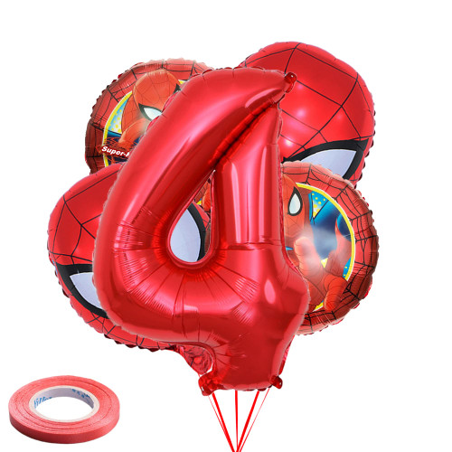 5Pcs Superhero Spider Balloons Bouquet 4th Birthday Decortions Superhero Foil Balloons for Birthday Party,Baby Shower,Avenger Superhero Theme Party Number 4 Balloons