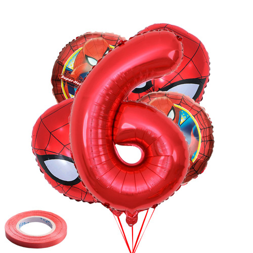 5Pcs Superhero Spider Balloons Bouquet 6th Birthday Decortions Superhero Foil Balloons for Birthday Party,Baby Shower,Avenger Superhero Theme Party Number 6 Balloons