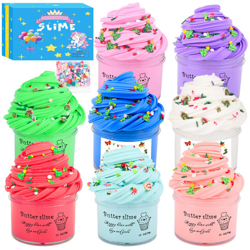 8 Pack Butter Slime Kit,Cute Toys and Stickers,Super Soft and Non-Sticky, Party Favors and Stress Relief Toy for Girls and Boys,DIY Slime Toy for Kids.