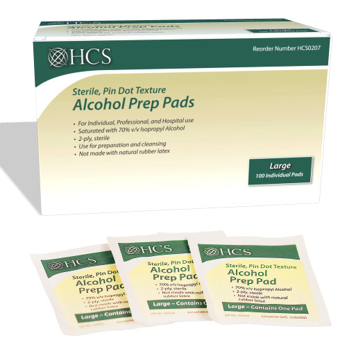 HCS Large Alcohol Prep Pads - Saturated 70% Isopropyl Alcohol Swabs - 2 ply, Textured, Sterile Alcohol Pads - Rubbing Alcohol Wipes Individually Wrapped - Antiseptic Wipes, Diabetes Care - 100/Box
