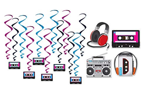 80s and 90s Theme Decor Bundle | 12 Hanging Cassette Tape Whirls and Walkman, Boombox, Headphone Cutouts