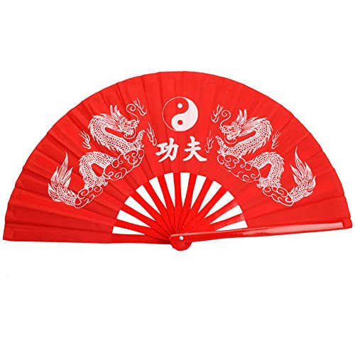 jiaoguo Chinese Kung Fu Tai Chi Eight Trigrams Double Dragon Bamboo Rib Frame Fan Red