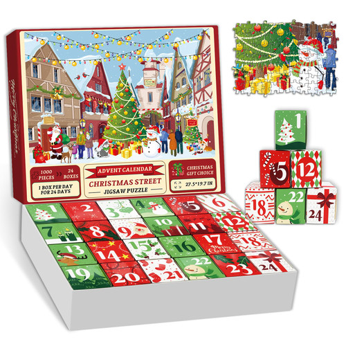 PICKFORU Christmas Advent Calendar Jigsaw Puzzle 1000 Piece, Countdown to Christmas Calendar 2023 Puzzle for Adults, Christmas Street Holiday Puzzle as