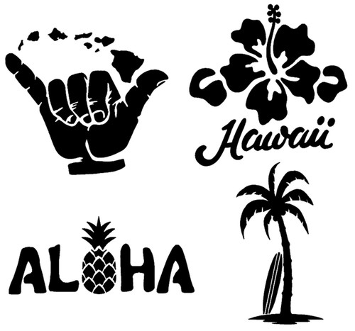Hawaii Decal 4 Pack: Hang Loose Islands, Hawaii Hibiscus, Aloha Pineapple, Palm Tree Surf Board (Black, Small ~3.5") Hawaii Decal 4 Pack: Hang Loose Islands, Hawaii Hibiscus, Aloha Pineapple, Palm Tree Surf Board (Black, Small ~3.5")