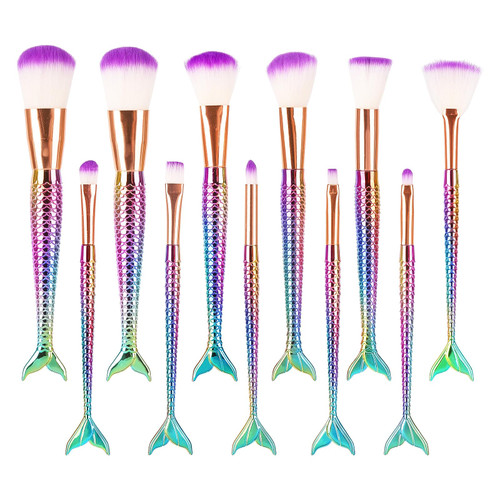 Mermaid Makeup Brushes, 10 Pcs Premium Synthetic Foundation Powder Concealers Eye shadows Blush Makeup Brush Set