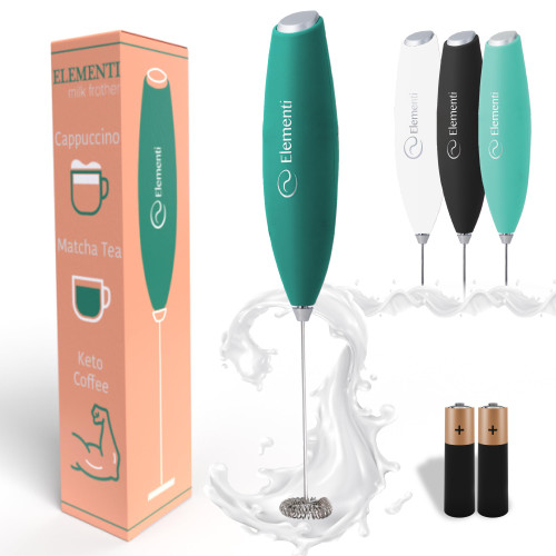 Elementi Milk Frother Wand (Batteries Included) - Matcha Whisk Electric - Drink Mixer for Protein Shakes - Matcha Frother Wand & Matcha Mixer - Frother Mixer & Electric Whisk Frother (Emerald)