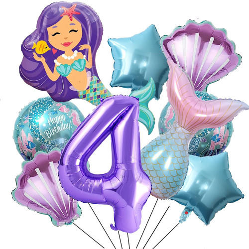 9Pcs Mermaid 4th Birthday Decorations Girl Mermaid Mylar Balloon for Mermaid Birthday Party Decorations Supplies for Girls Baby Shower